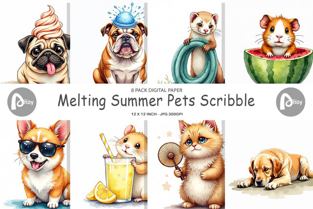 Digital Paper Melting Summer Pets Digital Pattern artnoy 