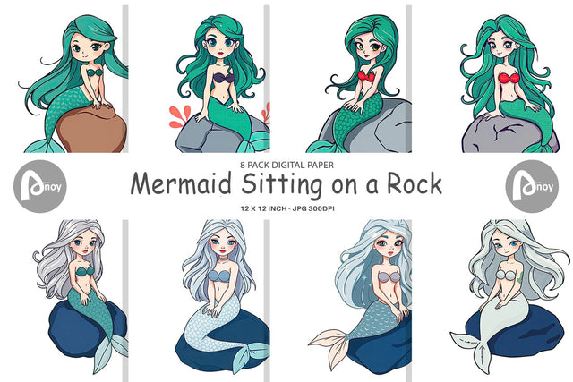 Digital Paper Mermaid on Rock Digital Pattern artnoy 