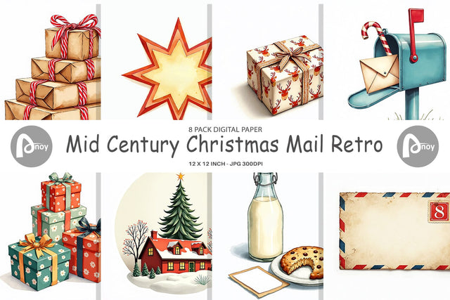 Digital Paper Mid-Century Christmas Mail Retro Watercolor Digital Pattern artnoy 