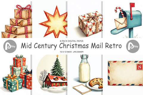 Digital Paper Mid-Century Christmas Mail Retro Watercolor Digital Pattern artnoy 