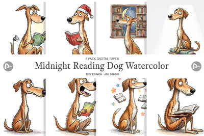 Digital Paper Midnight Reading Dog Watercolor Digital Pattern artnoy 