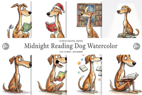 Digital Paper Midnight Reading Dog Watercolor Digital Pattern artnoy 