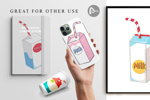 Digital Paper Milk Box with Straw Digital Pattern artnoy 