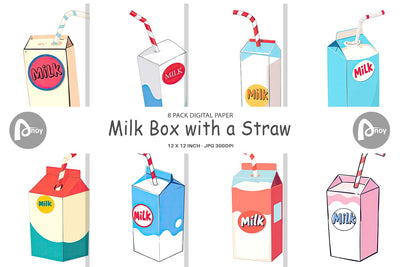 Digital Paper Milk Box with Straw Digital Pattern artnoy 