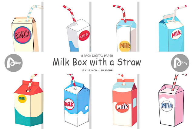 Digital Paper Milk Box with Straw Digital Pattern artnoy 
