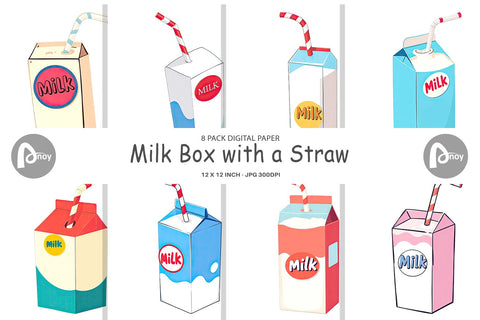 Digital Paper Milk Box with Straw Digital Pattern artnoy 