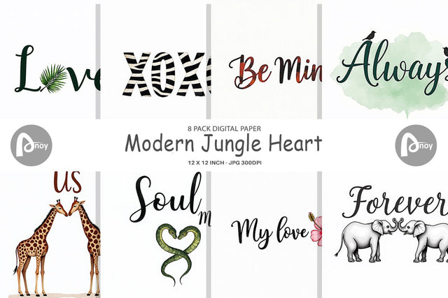 Digital Paper Modern Jungle Heart Minimalist Valentine Quotes Digital Pattern artnoy 