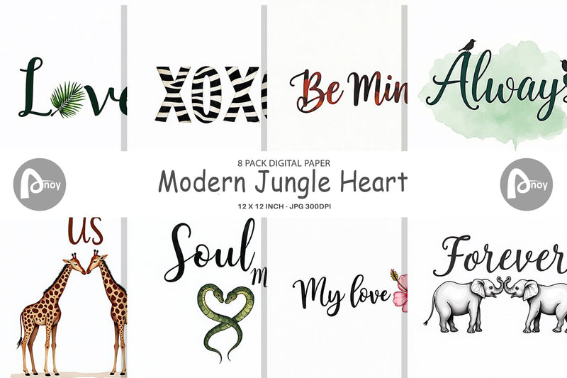 Digital Paper Modern Jungle Heart Minimalist Valentine Quotes Digital Pattern artnoy 
