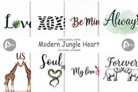 Digital Paper Modern Jungle Heart Minimalist Valentine Quotes Digital Pattern artnoy 