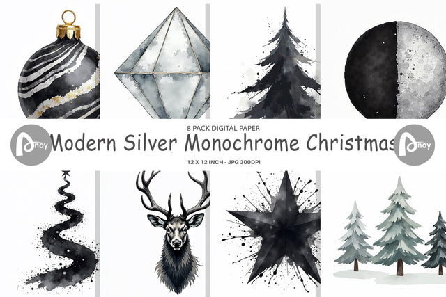 Digital Paper Modern Monochrome & Silver Christmas Digital Pattern artnoy 