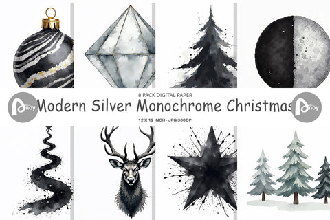 Digital Paper Modern Monochrome & Silver Christmas Digital Pattern artnoy 