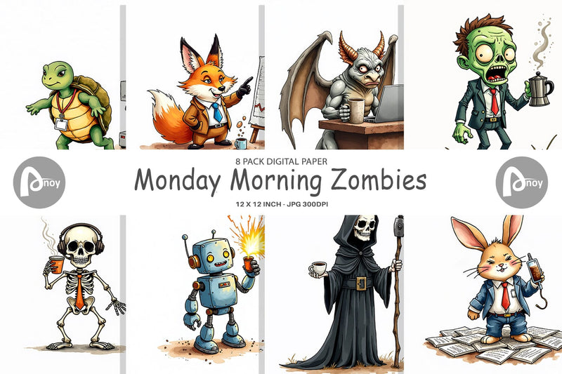 Digital Paper Monday Morning Zombies Office Coffee Humor Digital Pattern artnoy 