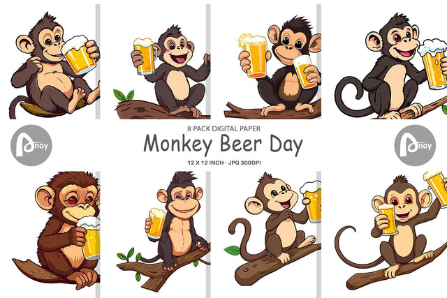 Digital Paper Monkey Beer Day Digital Pattern artnoy 