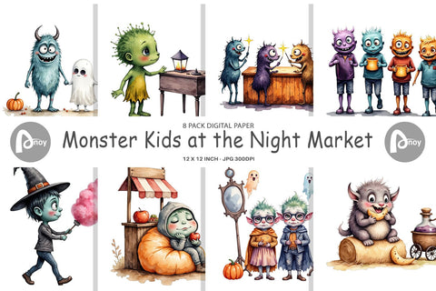 Digital Paper Monster Night Market Digital Pattern artnoy 