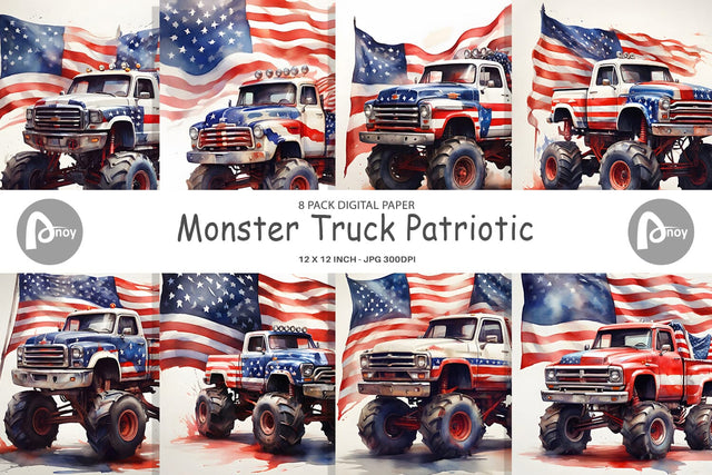 Digital Paper Monster Truck Patriotic Digital Pattern artnoy 