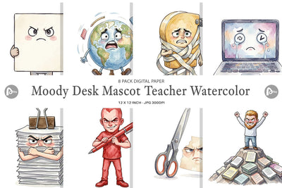 Digital Paper Moody Desk Mascot Teacher Watercolor Digital Pattern artnoy 