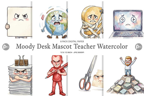 Digital Paper Moody Desk Mascot Teacher Watercolor Digital Pattern artnoy 