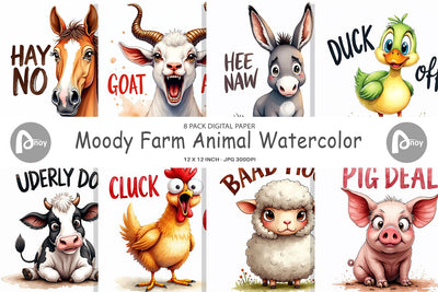 Digital Paper Moody Farm Animal Watercolor Quotes Digital Pattern artnoy 