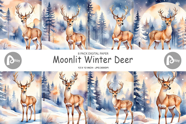Digital Paper Moonlit Winter Deer Digital Pattern artnoy 