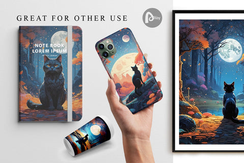 Digital Paper Moonlit Woodland Black Cat Digital Pattern artnoy 