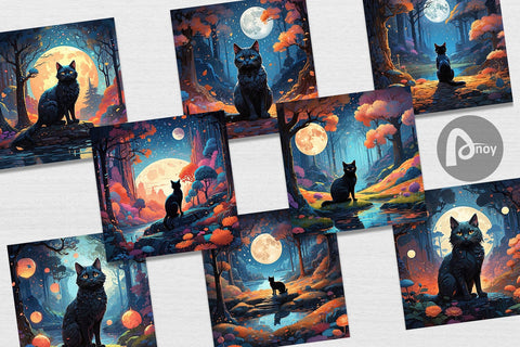 Digital Paper Moonlit Woodland Black Cat Digital Pattern artnoy 