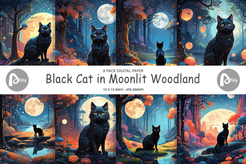 Digital Paper Moonlit Woodland Black Cat Digital Pattern artnoy 