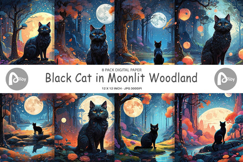 Digital Paper Moonlit Woodland Black Cat Digital Pattern artnoy 