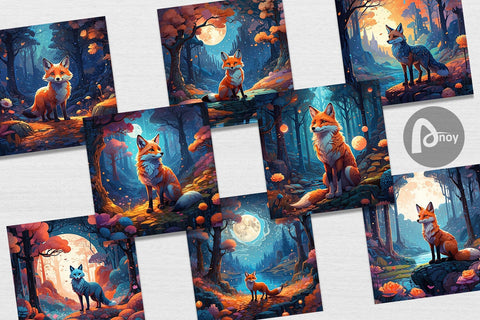 Digital Paper Moonlit Woodland Fox Digital Pattern artnoy 