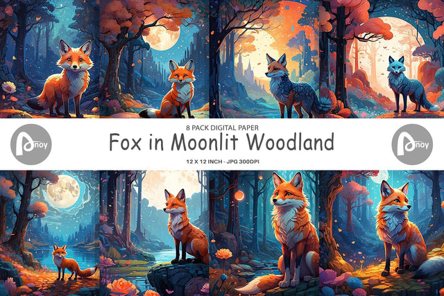 Digital Paper Moonlit Woodland Fox Digital Pattern artnoy 