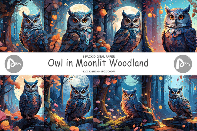 Digital Paper Moonlit Woodland Owl Digital Pattern artnoy 