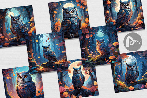 Digital Paper Moonlit Woodland Owl Digital Pattern artnoy 