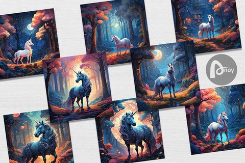 Digital Paper Moonlit Woodland Unicorn Digital Pattern artnoy 
