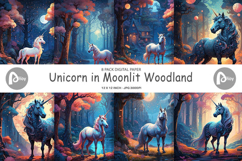 Digital Paper Moonlit Woodland Unicorn Digital Pattern artnoy 