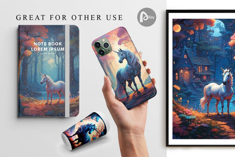 Digital Paper Moonlit Woodland Unicorn Digital Pattern artnoy 