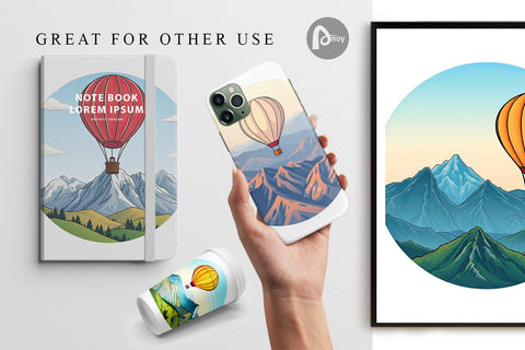 Digital Paper Mountain Hot Air Balloon Digital Pattern artnoy 