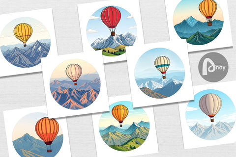 Digital Paper Mountain Hot Air Balloon Digital Pattern artnoy 