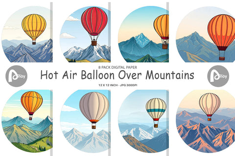 Digital Paper Mountain Hot Air Balloon Digital Pattern artnoy 