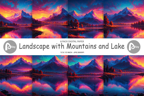 Digital Paper Mountains and Lake Digital Pattern artnoy 