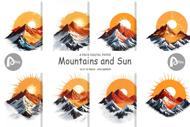 Digital Paper Mountains and Sun Digital Pattern artnoy 