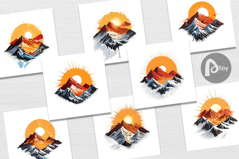 Digital Paper Mountains and Sun Digital Pattern artnoy 