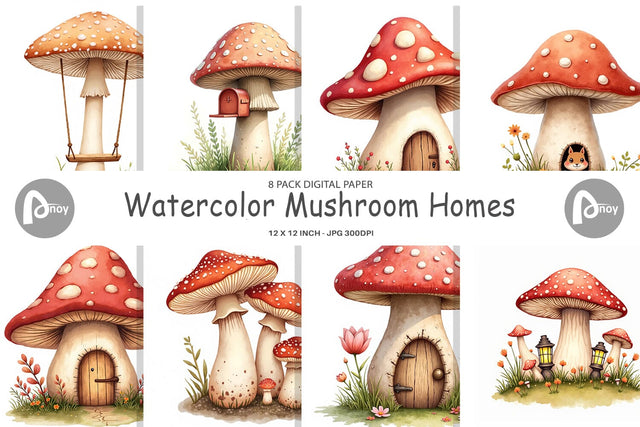 Digital Paper Mushroom Homes Digital Pattern artnoy 