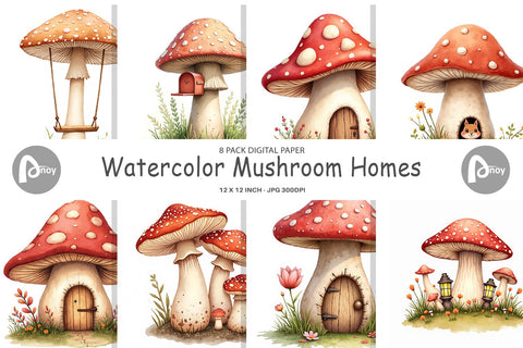 Digital Paper Mushroom Homes Digital Pattern artnoy 
