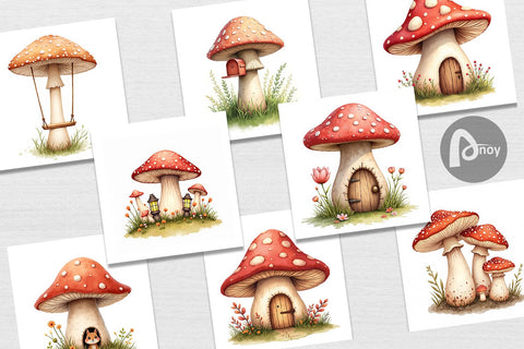 Digital Paper Mushroom Homes Digital Pattern artnoy 