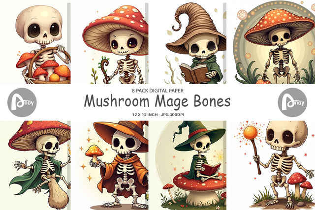 Digital Paper Mushroom Mage Skeletons Digital Pattern artnoy 