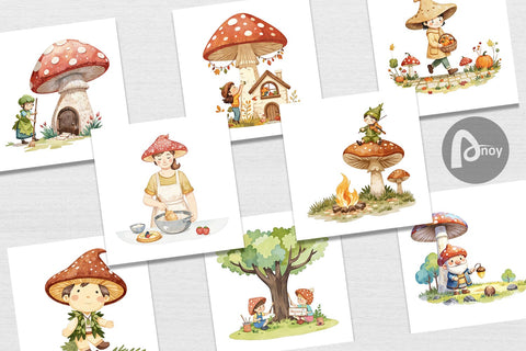 Digital Paper Mushroom Village Friends Digital Pattern artnoy 