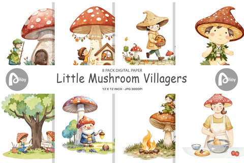 Digital Paper Mushroom Village Friends Digital Pattern artnoy 