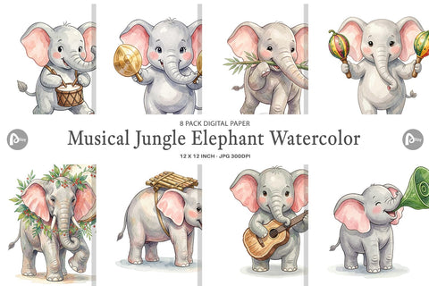 Digital Paper Musical Jungle Elephant Watercolor Digital Pattern artnoy 