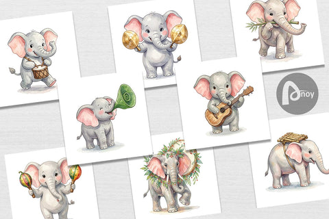 Digital Paper Musical Jungle Elephant Watercolor Digital Pattern artnoy 