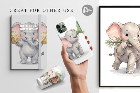 Digital Paper Musical Jungle Elephant Watercolor Digital Pattern artnoy 