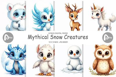 Digital Paper Mythical Snow Creatures Watercolor Digital Pattern artnoy 